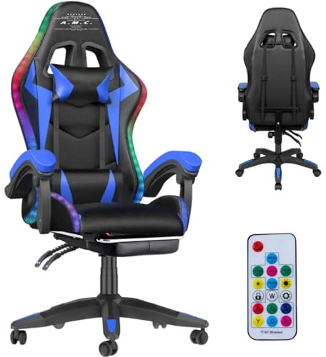 A.M.C. Sedia Gaming RGB con Luci LED E Sedia Ergonomica Poltrona Ufficio girevole, con rotelle, poggiatesta e cuscino lombare, Portata: 125kg con Schienale Alto in Pelle (BLU)