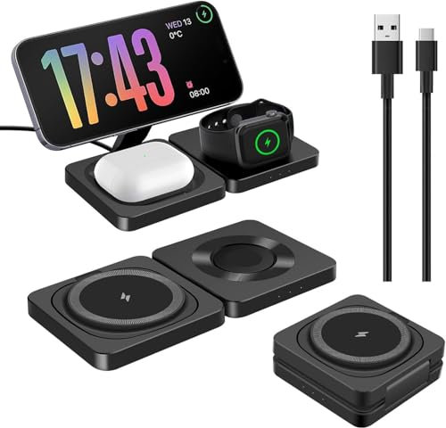 3 in 1 Wireless Charging Station Magnetic Charger Stand Wireless Charging Pad Portable Travel Charger for iPhone 16 15 14 13 12 Series,iWatch 10/Ultra 2/9/Ultra/8/SE2/7/6/Se/5/4/3/2,Airpod4/Pro/3/2