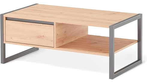 KHG Couchtisch AST-Eiche, moderner Sofatisch mit Schublade & Ablage Eiche | mit Schublade & Ablage Eiche & Kufen-Gestell anthrazit in Holzwerkstoff foliert, 100x55x40 cm, 30 kg belastbar