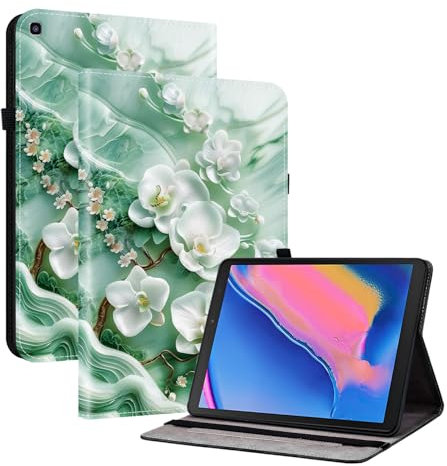 TEDTIKJT Coque pour Samsung Galaxy Tab A 8 2019 SM-T290 T295 Etui Tablette Housse PU Cuir Flip Support Protection Motif Peint Etui pour Samsung Galaxy Tab A 8 2019 Coque,Fleurs de Jade
