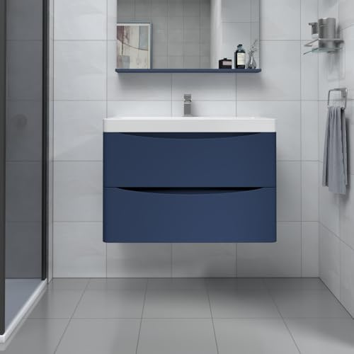NRG Wall Mounted Vanity Sink Unit Basin Bathroom Drawer Storage Furniture 800mm Matt Blue