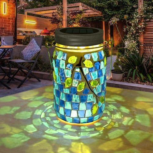 TOTHDATE 1PCS Solar Mosaik Leuchte für Außen, On/Off Glas Mosaik Hängend Licht Solarlaterne Tischleuchte IP65 Wasserdicht für Rasen Pfad Hof Deck Boden Teich, Blatt Mosaik