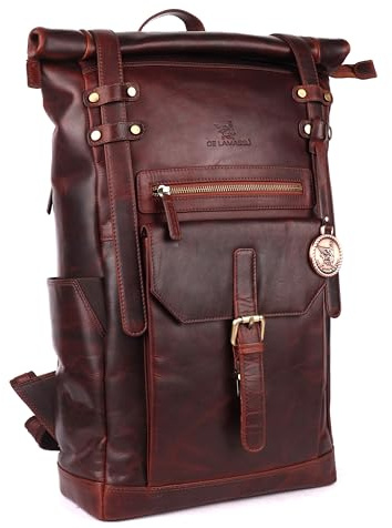 DE LAMASSU® Tobias Rolltop Rucksack aus echtem Leder – Unisex Laptoprucksack 17 Zoll – Business & Freizeit – Wasserflaschenfach, Sicherheitsfach, Geschenkverpackung (Braun)