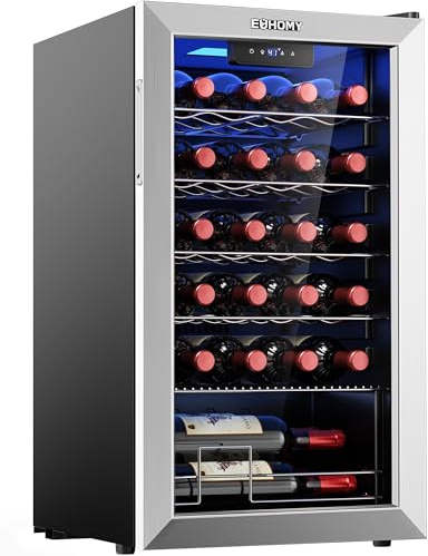 EUHOMY 25 bottle Wine Cooler Refrigerator, Freestanding Compressor Wine Fridge with Adjustable Temperature and Digital Control, Mini Fridge with Glass Door for Red White Wine, Beer, Silver