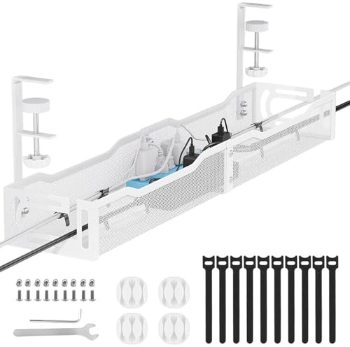 Cable Management, 25'' Under Desk Cable Management Tray with Clamp No Drill | 2 Hole Cable Tray with Wire Management and Cord Organizer for Home Office Standing Desk, PC Cable Management Rack, White