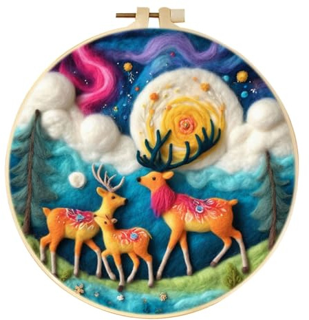 Meecaa Deer Starry Sky Christmas Tree DIY Needle Felting Kit for Beginners, Including Wool Felt Supplies, Embroidery Hoops,Beautiful Wool Painting and Needle Felting Tools (Tree)