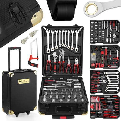 WALTER STAHL Werkzeugkoffer gefüllt 599 tlg, Mit Werkzeugkasten, Cr-V | Aluminiumkoffer, Werkzeug Set für Werkstatt und Haushalt, inkl.Schraubenschlüssel, Zangen etc