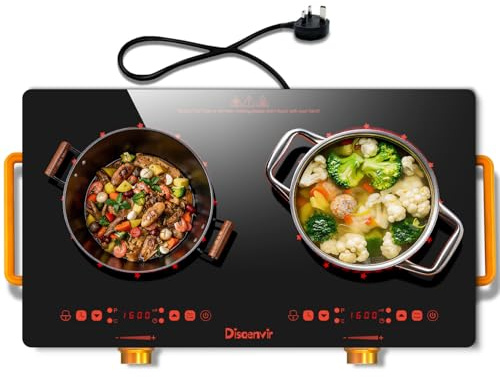 Disaenvir Double Ceramic Hob with Handle, Plug in 2 Ring Electric Hob | With Knobs, Safety Lock, Timer, 10 Power Levels, 60 cm, 3200W