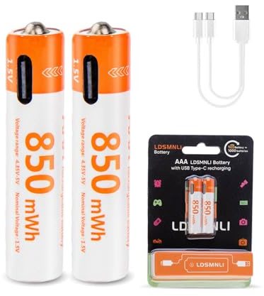Pilas Recargables con Conector USB Tipo C, 2 Unidades, Cable Incluido, Iones de Litio, 1.5V, Formatos AA y AAA, Tamaño AAA - 850mwh