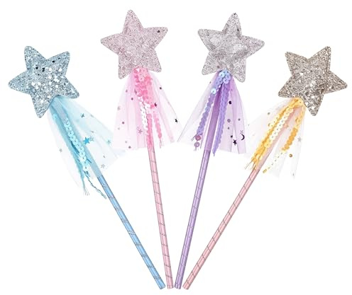 VBVOO 4 Pack Magic Wands, Star Fairy Wands with Sequins, Ribbon and Tulle | Princess Dress-Up Accessories, Four Colours, 28 x 7 cm Role Play Props for Birthdays, Halloween and Christmas Parties