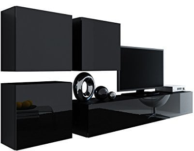 Wohnwand Vigo XXIII, Design Mediawand, Modernes Wohnzimmer Set, Anbauwand, Hängeschrank TV Lowboard, (Schwarz/Schwarz Hochglanz)