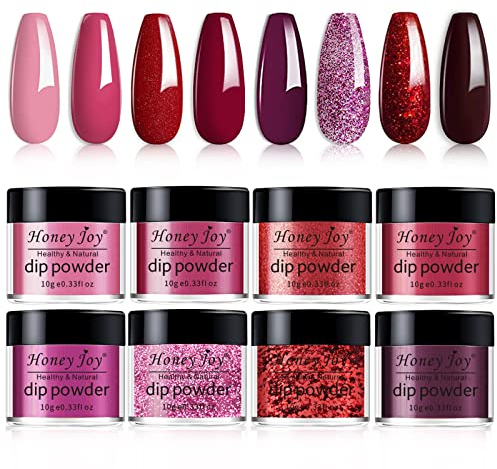 8 box/set Honey Joy Fine Dipping Powder Dip Kit Powder Nail Color System, Dark Red Rose Glitter Sequin Purple Red Wine,Like Gel Polish Effect,Even & Smooth (Dip-8pcs-04)