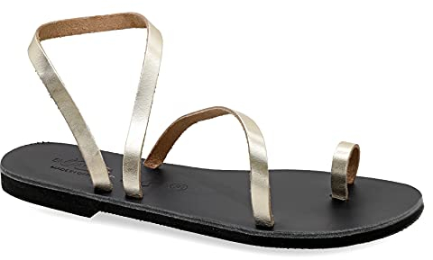 40 Gold Emmanuela Zehenring Sandalen aus Leder, hochwertige handgefertigte Slingback Sommerschuhe, Riemchen sandalen mit Knöchelmanschette, flache griechische Sandalen