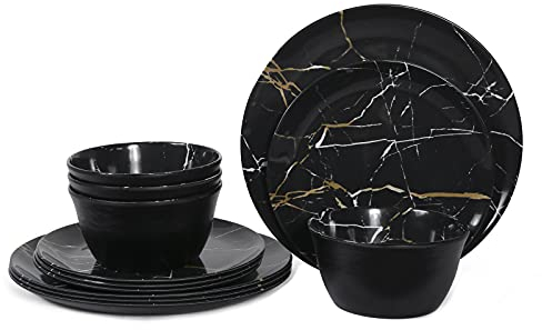 Juego de vajilla de melamina, 12 piezas, juego de platos y cuencos, lo mejor para fiestas en interiores y exteriores, sin BPA, apto para lavavajillas, vajilla de cocina con patrón de mármol negro