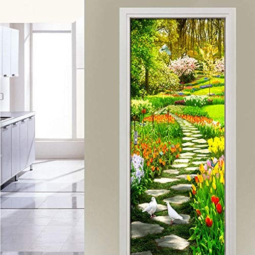 CBWRAW Sticker De Porte 3D Paysage De Sentier De Pigeon Blanc De Jardin Amovible Imperméable Vinyle Self-Adhesive Poster Muraux Papier Peint Pour Intérieure Living Chambre Salle De Bain Cuisine Décora