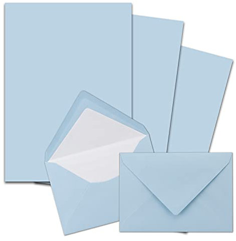 75x Briefpapier-Sets DIN A4 mit C6 gefütterten Briefumschlägen, Nassklebung - Hellblau - mattes Schreibpapier und Kuverts mit weißem Seidenfutter