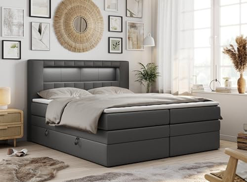 MKS MEBLE Boxspringbett 180x200 mit Led Kunstleder Grau, Polsterbett 180x200 mit LED Kopfteil, Multipocket Matratze H3, Doppelbett mit Bettkasten Stauraumbett - GOLD-5-KING - Kunstleder Grau