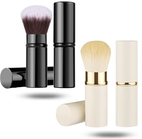 Lot de 2 pinceaux de maquillage rétractables télescopiques pour le visage Kabuki - Pinceaux ronds pour poudre de voyage, poudre, fond de teint, blush, pinceau de maquillage portable (noir et blanc)