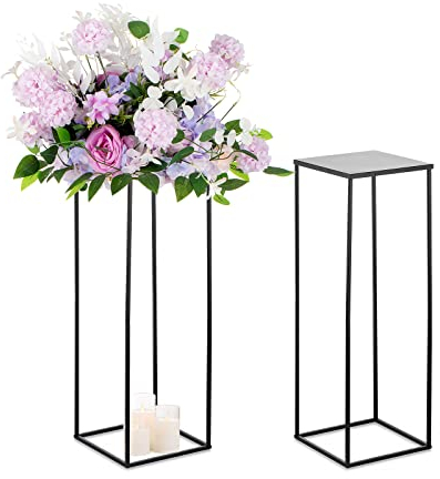 Sziqiqi 80cm Metall Schwarz Vasen mit Platte Hochzeits Tischdekoration – 2 Stück Hoch Vase Blumensäulenständer für Blumenarrangements, Große Rechteckige Blumenvasen für Straßenführungen T-Bühne