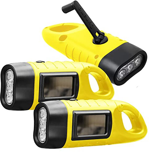 REKALRO Lampe de poche rechargeable à manivelle LED 3 pièces, lampe de poche solaire avec boucle de randonnée, lampe de poche dynamo, manivelle de lampe de poche pour camping/urgence (Jaune)
