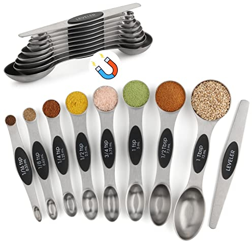 Magnetic Measuring Spoons Set of 9 Dual Sided Stainless Steel Stackable Nesting Spoons, Fits in Spice Jars, for Dry or Liquid Ingredients