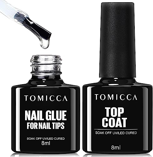 TOMICCA Top Coat et Colle Ongle 8 en 1, No Wipe Top Coat Semi Permanent, Nail Builder Gel, Gummy Base Gel Ongles Pour Américaine, Soak Off Gel UV LED, Manucure Kit 8 ML 2 PCS