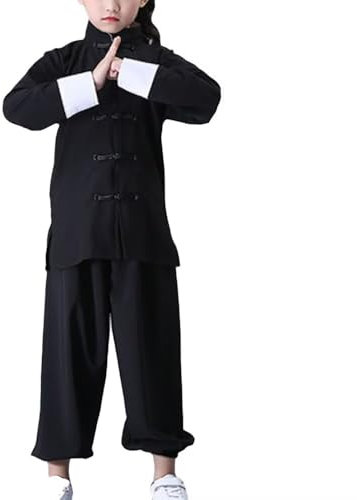 Kung-Fu-Anzug für Unisex-Kinder, langärmelig, schwarz, Kampfsport, Taichi, traditionelle Performance-Uniform, Weiße Bündchen, 9-10 Jahre