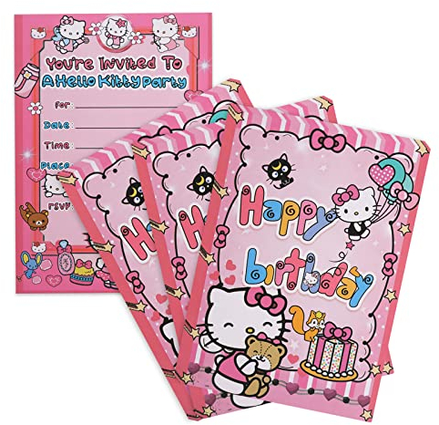 Hello Ki-tty Kinder Einladungskarten, 30 Stück Einladungen Kindergeburtstag, Party Einladungskarten Set, Hello Kitty Party Supplies, Mädchen Jungs Geburtstag Einladungskarte, Kindergeburtstag Deko