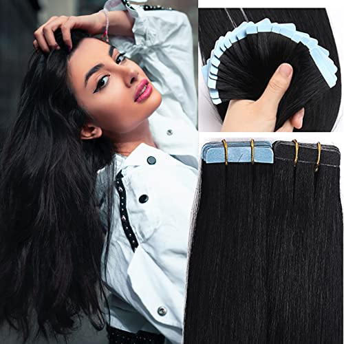SEGO Tape Extensions Echthaar Haarverlängerung 20 Tressen/30 g Klebeband Band in Haarverlängerung Kleber Haarteile Hair 24(60cm)-30g Schwarz#1
