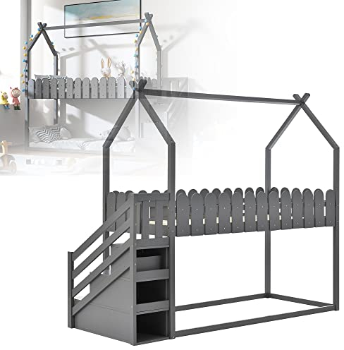 kubeier Etagenbett, Hochbett 90 x 200 cm, Hausbett mit 3 Treppe, Doppelbett Hausbett mit 2 Schubladen, mit Zaun, Etagenbett, Kinderbett, Kinderbett Spielbett für Jungen & Mädchen,Grey