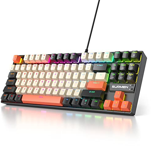 SOLIDEE Tragbare 80% mechanische Gaming-Tastatur,87 Tasten kompakte RGB LED-Hintergrundbeleuchtung,kabelgebundene Tastatur mit USB Kabel,mit linearem roten Schalter für Windows(87 Large Carbon)