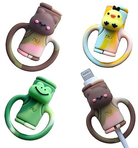 Cute 2 in 1 Data Cable Protector Cover,Universal Mini Data Cable Protective Cover with Kawaii Bell Frog Chicken Pattern Design,3 pcs Charging Cord Protector for Women Girls,Silicone Data Cable Winder