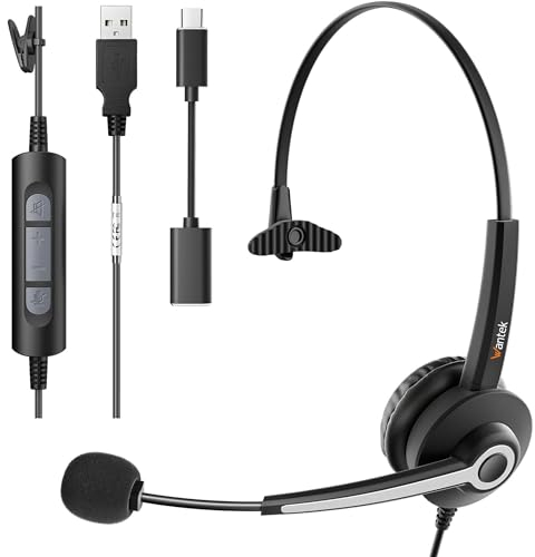 Wantek Cuffie USB per computer portatile con microfono, cuffie per telefono PC, cuffie jack per chiamate HD e cancellazione del rumore, cuffie per call center con controllo del volume (NUSB681)