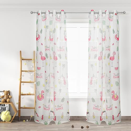 HOMEYA Vorhang für Kinder, transparent, 2 Stück, 140 x 260 cm, Flamingo-Design, für Kinderzimmer, 100 % Polyester