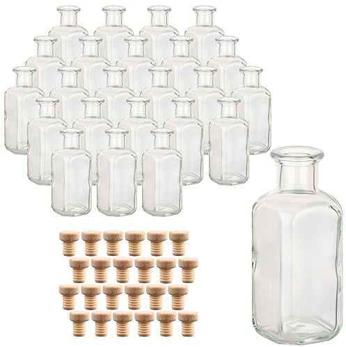 gouveo Lot de 24 bouteilles en verre 100 ml pharmacien carré avec bouchon (HGK) - bouteille vide 0,1 l à remplir - bouteille en liège pour liqueur, huile, vinaigre, décoration (AFET100HGK)