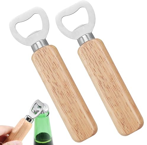 Lot de 2 Ouvre-bouteilles de Bière, Poignée en Bois Ouvre-Bouteille, Ouvreur Universel, Ouvre-Boîte, Ouverture de Couvercles, Décapsuleur, Ouvre-bouteilles en Bois Naturel pour Homme