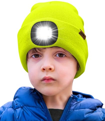 ATNKE Kids LED Beleuchtete Mütze mit Licht,Wiederaufladbare USB 4 LED Laufmütze Extrem Heller Lampe Winter Warme Stricken Mütze Großartig Geschenke für Jungen und Mädchen/Fluorescent Yellow