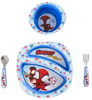 The First Years Spidey and His Amazing Friends Toddler Dinnerware Set - Toddler Plates and Toddler Utensils - Dishwasher Safe Toddler Feeding Supplies and Kids Utensils - 4 Count
