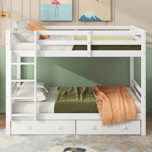 Idemon 140 * 200cm Etagenbett Kinderbetten mit Schubladen, Stauraum, Hohe Geländer, Weiß