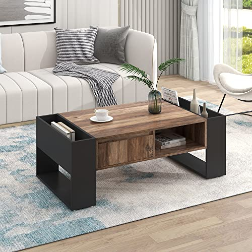 Merax Wohnzimmertisch mit Schublade, Couchtisch mit Stauraum, Kaffeetisch für Wohnzimmer, 111 x 60 x 40 cm, Holzfarbe + Grauschwarz