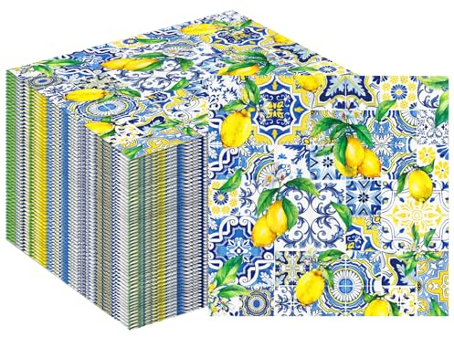 80 Pack Capri Lemon Party Paper Napkins, Blue Tiles Print Lemon Party Disposable Beverage Napkins for Buffet Bridal Shower Wedding Birthday Dinner Party Supplies, 6.5 x 6.5 Inch