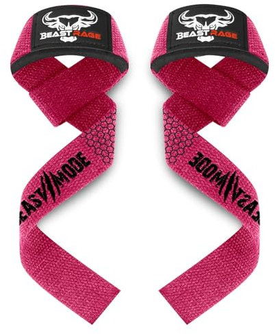 BEAST RAGE Weight Lifting Straps Fitness Padded Cotton Wrist Support Gel Advanced Grips Dumbbell Bar Wraps Heavy Duty Gym Bodybuilding Straps Power Deadlift Barbells Non Slip Exercise (Pink Gel)