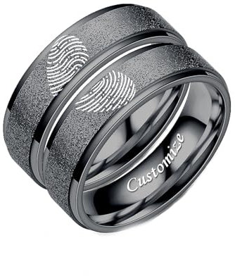 Anpassen Matt Herz Fingerabdruck Ring Text Graviert für Paar Beste Freunde Matt Paar Schmuck Geburtstag Abschlussgeschenk Ringbänder Titan Stahl 6mm Schwarz
