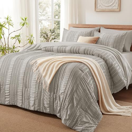 Boho-Bettwäsche-Set, Bett in einer Tasche, grau, luxuriöses Queen-Size-Bettdecken-Set, Shabby Chic, ästhetische Bettwäsche für Schlafzimmer, flauschiges 7-teiliges Rüschen-Bettwäsche-Set mit Kissen