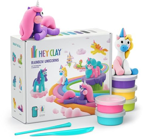 HEY CLAY Die Regenbogen-Einhörner - 15 Dosen lufttrocknende Knete für Kinder ab 3 Jahren - Kreatives Bastelset