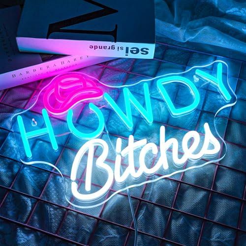 NOXET Howdy Neon Sign White Blue Neon Sign for Wall Decoration Cowboy Hat Neon Light Signs with USB Dimmable Neons Sign for Bedroom College Single Party Bar Girls
