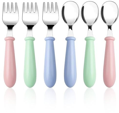 6Pcs Baby Fork and Spoon Set Toddler Forks Stainless Steel Forks Spoons Toddler Cutlery Baby Forks Spoons Small Training Forks with Round Handle for Baby