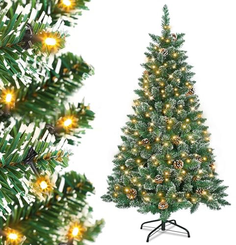 XMTECH Künstlicher Weihnachtsbaum mit Beleuchtung Weiß Schnee-Effekt Kiefernzapfen LED Tannenbaum Christbaum Grüne PVC mit Metallständer für Weihnachten Dekoration 210cm