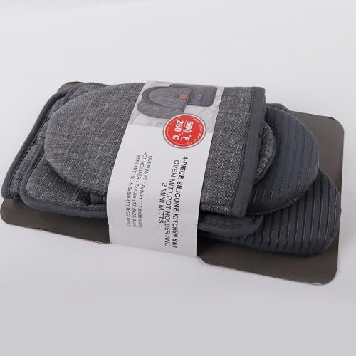Lot de 4 Gants de Four, Gants de Cuisine Résistants à la Chaleur et Set de Maniques, Gants et Maniques Antidérapant en Silicone pour la Cuisine la Cuisson au Four Les Grillades (Gris)