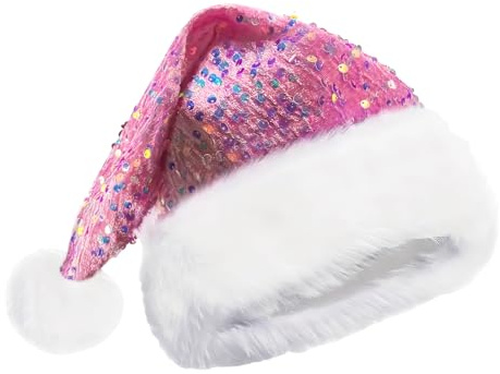 Cappello di Babbo Natale scintillante con paillettes rosa – Cappello di Natale con paillettes brillanti e pompon, accessorio festivo per feste di Natale, travestimenti, foto e attività natalizie